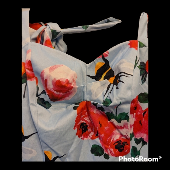 ANNI COCO HALTER 1950S FLORAL BEE PRINT ROCKABILLY COCKTAIL SWING DRESS SIZE S - Picture 10 of 16